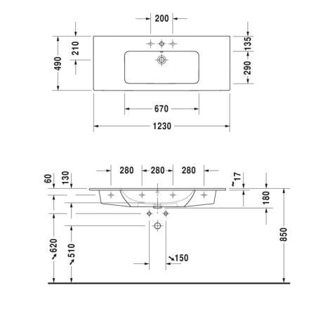 Duravit ME by Starck Раковина подвесная 123x49см., без отв., цвет: белый
