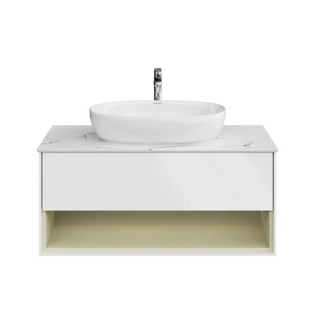 Тумба Plaza Modern/Плаза Модерн подвесная 100, нажимное открывание, 1 ящик, подсветка, белая матовая+шалфей
