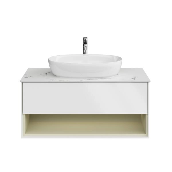 Тумба Plaza Modern/Плаза Модерн подвесная 100, нажимное открывание, 1 ящик, подсветка, белая матовая+шалфей