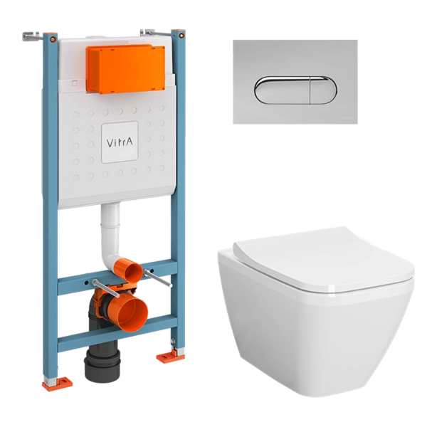 Инсталляция с унитазом VitrA Integra Square  9856B003-7207 комплект 4 в 1 с сиденьем микролифт безободковый цвет клавиши глянцевый хром