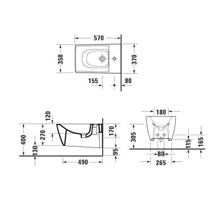 Duravit Viu Биде подвесное 37х57см., с 1 отв., безободковое, крепление Durafix, покрытие WonderGliss, цвет: белый