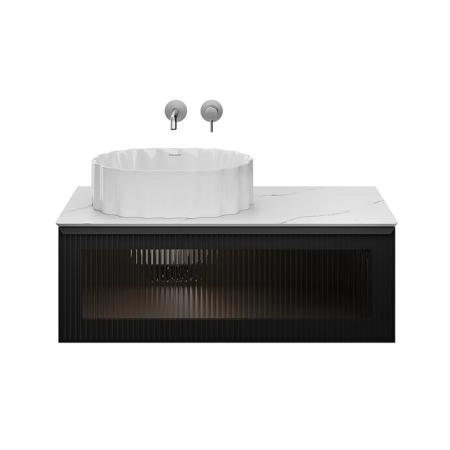 Kerama Marazzi ICONICO Тумба подвесная 100 с рифленым стеклом, 1 ящик, со столешницей, цвет: черный