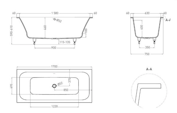 Ванна Salini ORLANDA AXIS 170x75 S-Stone матовая 103223M