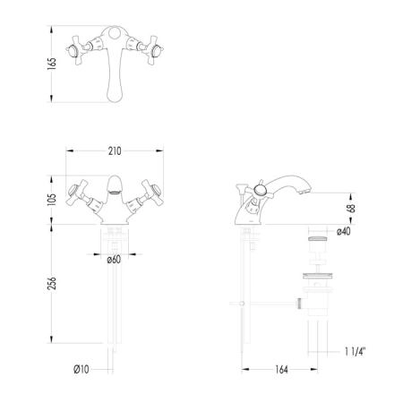 Devon & Devon Coventry Смеситель для раковины с донным клапаном, жёсткая (трубка) подводка воды (Цвет: светлое золото)