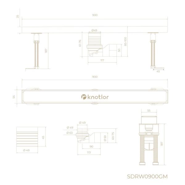 Душевой трап KNOTLOR SDRW0900GM, линейный вороненая сталь