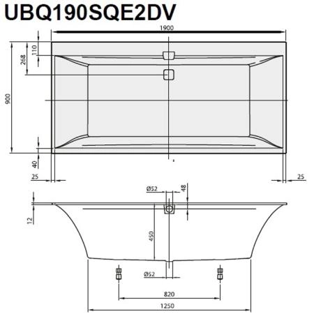 Villeroy&Boch Squaro Edge 12 Ванна 1900*900*450  ножки, слив-перелив цвет  хром и белый, ванна цвет: белый