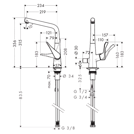 Hansgrohe Metris M71 Смеситель  для кухни на 1 отв, поворотный излив, с запорным вентилем. цвет: хром