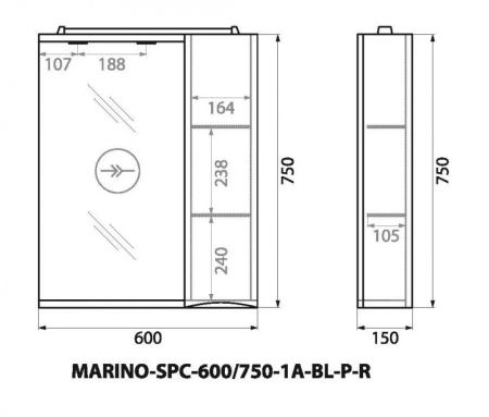 Шкаф Belbagno MARINO Bianco Lucido зеркальный подвесной с подсветкой, левосторонний MARINO-SPC-600/750-1A-BL-P-L