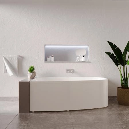 Ванна акриловая "РОНА 168х95" (правое исполнение), рама-подставка, фронтально-торцевая панель, слив-перелив автомат с сеточкой (хром, с сифоном)