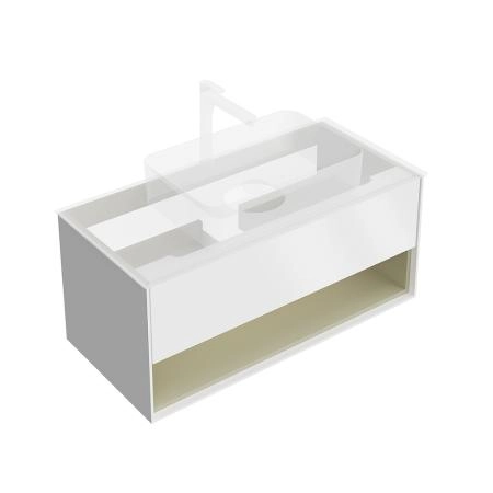 Тумба Plaza Modern/Плаза Модерн подвесная 100, нажимное открывание, 1 ящик, подсветка, белая матовая+шалфей