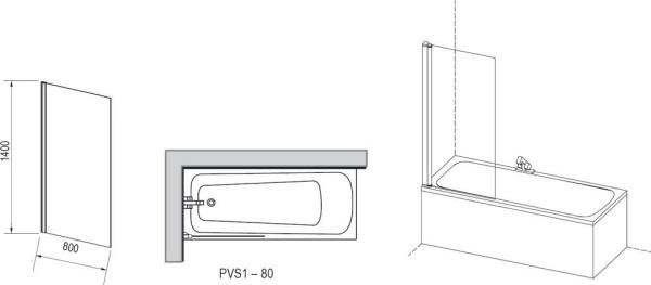 Шторка для ванны Ravak PVS1-80 79840C00Z1 блестящая + Транспарент