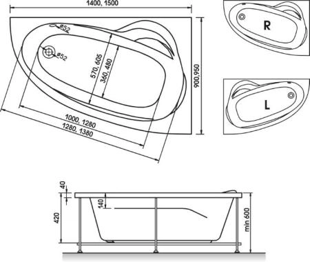 Акриловая ванна Relisan Zoya 140x90 L