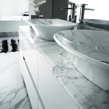 VITAGE milldue edition FOUR SEASONS Комплект мебели с тумбой под раковину, раковиной LIONE, зеркалом QUEBEC, 216 см, подвесной, цвет: глянцевый белый / Calacatta vagli