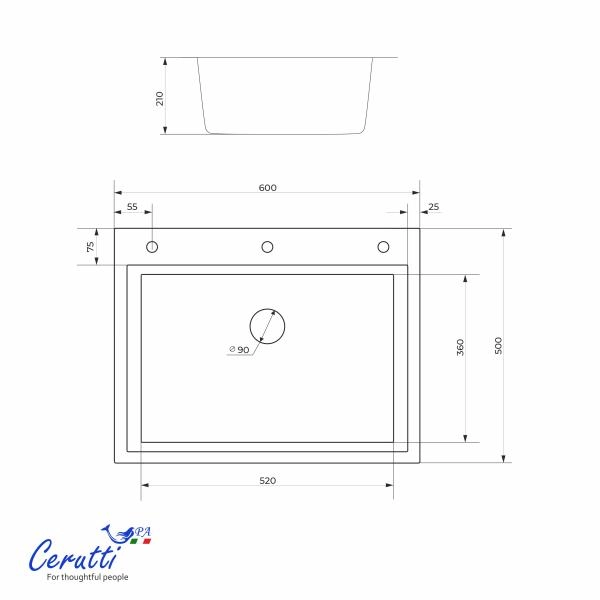 Кухонная мойка CeruttiSPA ГЛОРИЯ (GLORIA) 60 nano embos (матовый хром) из нержавеющей стали (600х500х220)