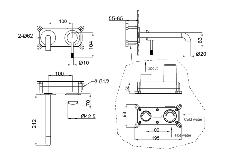 Смеситель для умывальника Boheme из стены, Uno. Copper Brushed 465-CB