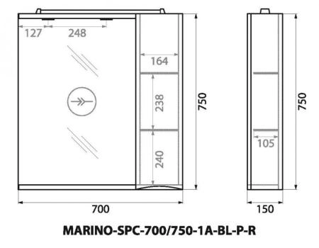 Шкаф Belbagno MARINO Bianco Lucido зеркальный подвесной с подсветкой, левосторонний MARINO-SPC-700/750-1A-BL-P-L