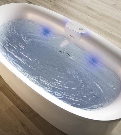 Jacuzzi Arga  Ванна 175x85x57 см отдельностоящая, Swirlpool Illumatherapy™4 форсунки, подсветка Rainbow, цвет: белый глянцевый