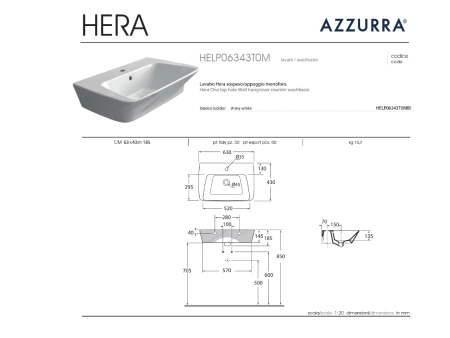 Azzurra Hera Раковина 63х43х14.5 см, 1 отв., подвесная, цвет: белый