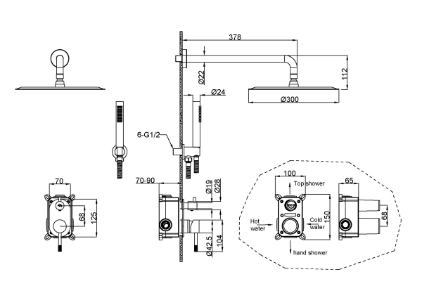 Смеситель встроенный + верхний+ ручной душ Boheme Uno. Copper Brushed 464-CB