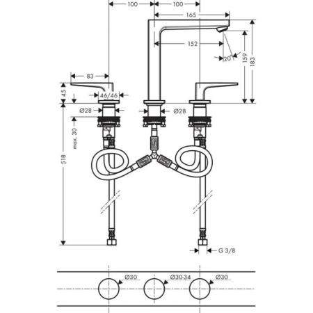 Hansgrohe 32515000 Metropol Смеситель для раковины 159, на 3 отв., Push-Open, хром
