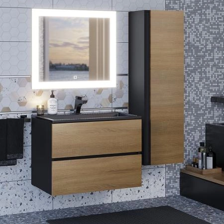 Тумба с раковиной Uperwood Barsa 70 см, раковина черная глянцевая, подвесная тумба черная/дуб сонома