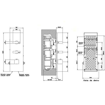 Gessi Rettangolo Встраиваемый термостатический смеситель, подключение на 3/4”, с 2мя независимыми выходами, внешняя часть, цвет: хром