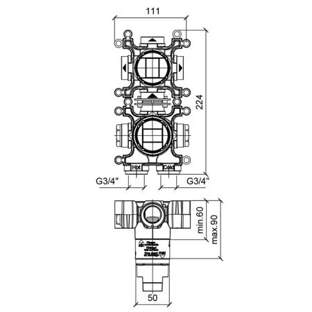 Almar Modular Встраиваемая часть термостатического смесителя с переключателем на 3 положения, вертикальный модуль