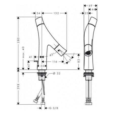 AX Starck Organic Cмеситель для раковины 80, на 1 отв., излив 116мм, с 2 рукоятками, с донным клапаном, цвет: хром