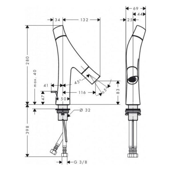 AX Starck Organic Cмеситель для раковины 80, на 1 отв., излив 116мм, с 2 рукоятками, с донным клапаном, цвет: хром