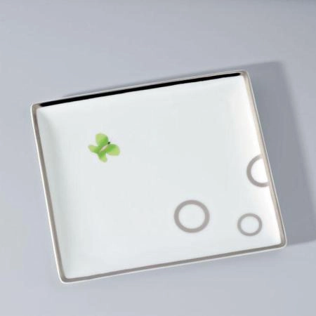 THG CAPUCINE VERT DECOR PLATINE Поднос керамический 171х154 мм., настольный, middle size, декор платина/зеленый, цвет: белый