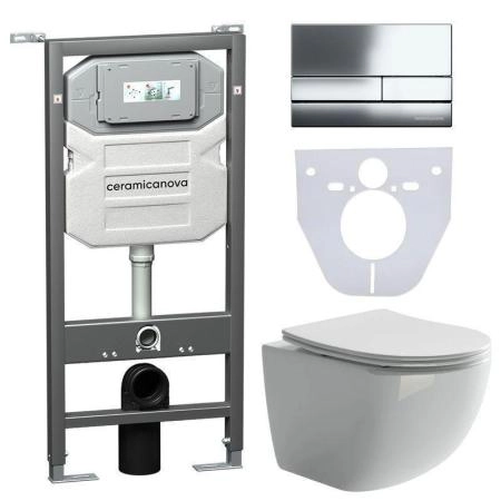 Сет 4 в 1: Подвесной унитаз Forma Rimless арт. CN3009 + Шумоизоляционная панель для инсталляции арт. CN1000 + Система инсталляции для унитазов CERAMICANOVA Envision с кнопкой смыва Flat цвет хром, креплениями, арт. CN1002CH