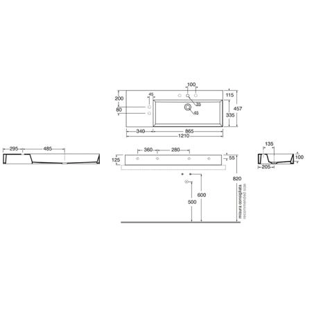 Azzurra Elegance Squared Раковина подвесная/накладная, 122x46xH12,5 см, левая, 1 отв., цвет: Bianco lucido