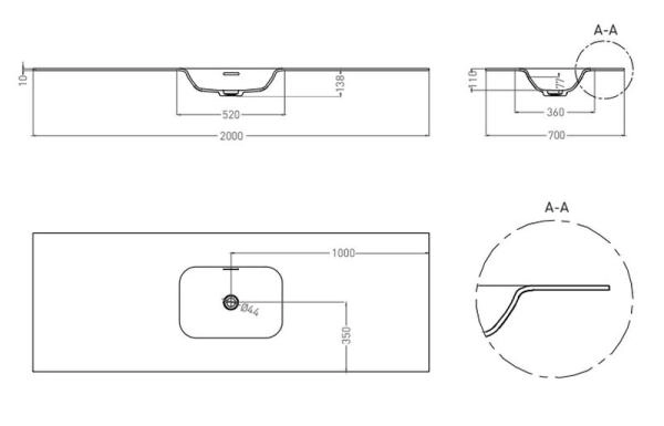 Раковина Salini ONDA FLOW ROUND S-Stone матовая 200x70 1402205MN столешница без отв.смесителя