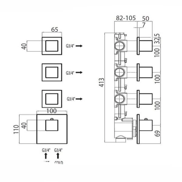 Термостат для ванны с душем Bossini Cube 3 Outlets LP Z032205.030, хром