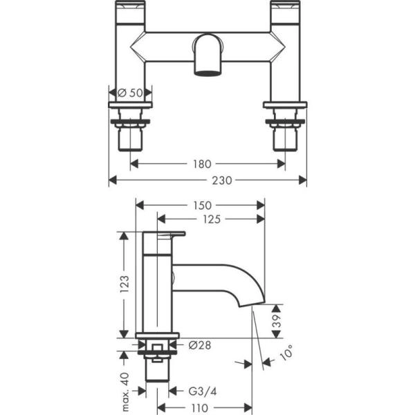 Смеситель Hansgrohe 71442000 Vernis Blend борт ванны на 2 отверстия, БЕЗ переключателя, кер. 90° хром