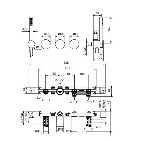 Fantini AF/21  Смеситель для ванны, встроенный, на 2 потока, ручная лейка FIT, гибкий шланг 150см, (наружная часть) цвет: Matt Gun Metal PVD