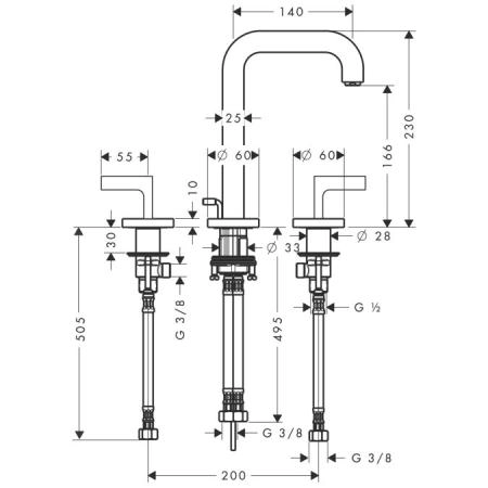 Axor Citterio 39135000 Смеситель для раковины на 3 отверстия с рычаговыми рукоятками и изливом 140 мм