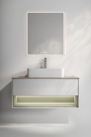 Тумба Plaza Modern/Плаза Модерн подвесная 100, нажимное открывание, 1 ящик, подсветка, белая матовая+шалфей