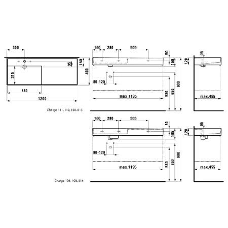 Laufen Kartell Раковина 120х46х12cм., с 3 отв., полка справа, цвет: белый