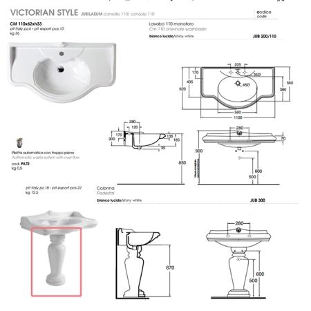 Azzurra Jubilaeum Раковина 110x62 см, 1 отв., с пьедесталом, цвет: Bianco lucido