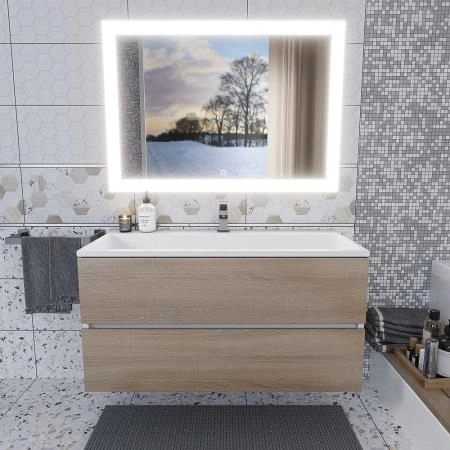 Тумба с раковиной для ванной для ванной Uperwood Barsa 100 см, раковина белая, подвесная тумба белая/дуб сонома