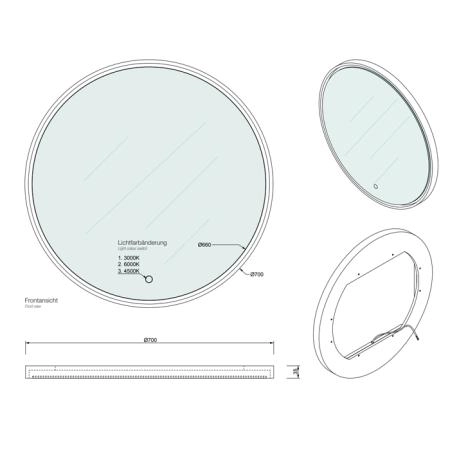 Decor Walther Stone Зеркало круглое 70см, LED, искусственный камень, подвесное, цвет: белый
