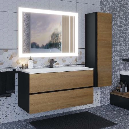 Тумба с раковиной для ванной для ванной Uperwood Barsa 100 см, раковина белая, подвесная тумба черная/дуб сонома