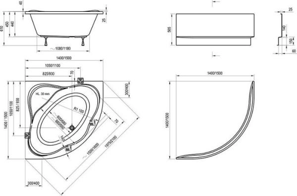 Ванна Ravak New Day 140x140 без гидромассажа акрил