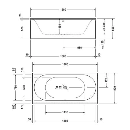 Duravit Darling New Ванна встраиваемая 190х90х60см., комплектация Combi-System L, акрил, цвет: белый