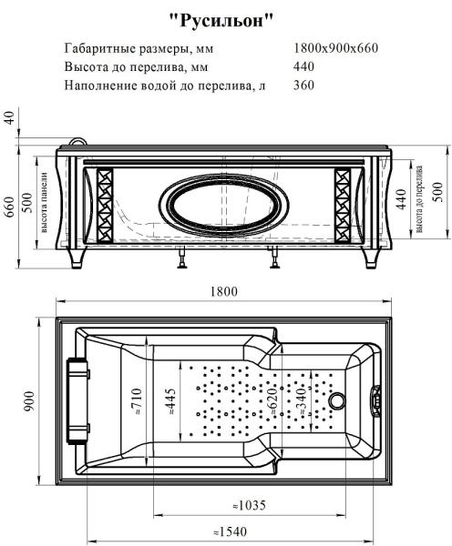 Ванна "РУСИЛЬОН" (чаша, рама-подставка на декоративных ножках, подголовник, исполнение хром)