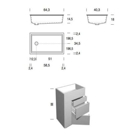 NOORTH milldue edition TOUCH Комплект мебели 64х40х88см, напольный, 3 ящика, слив в пол, раковина Milltek, цвет: Abete