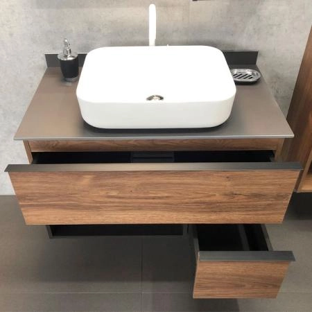Тумба с раковиной Comforty Штутгарт-90 дуб тёмно-коричневый с антрацитовой столешницей