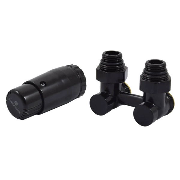 Schlosser комплект узел нижнего подключения угловой, черный Ral 9005  G 3/4 x 3/4 D=50 мм с термоголовкой MINI M30x1,5 + 2 Ниппеля 1/2x3/4