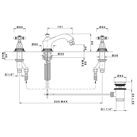 Nicolazzi Impero Смеситель для биде на 3 отверствия  с донным клапаном, излив: 131 мм, цвет: хром